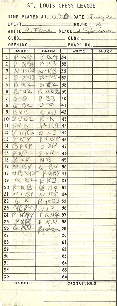 1941 Scoresheet, Reuben Fine vs. Herman Steiner