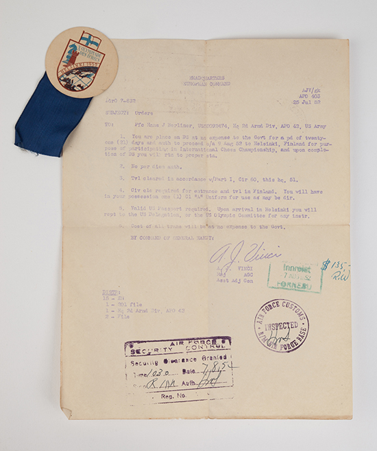 Hans Berliner’s Letter of Clearance and Pin from the 1952 Chess Olympiad