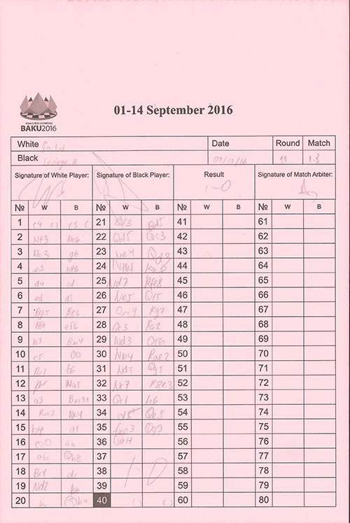 Scoresheet from the Baku Olympiad, Round 11