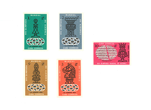Five Stamps from the 1966 Havana, Cuba, Chess Olympiad