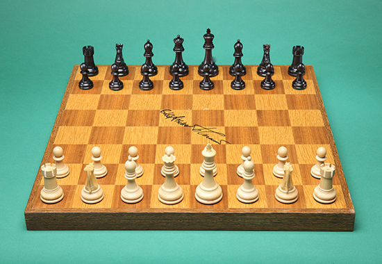 Chess Pieces from Game 3 of the 1972 World Championship Match, Board signed by Fischer and Spassky