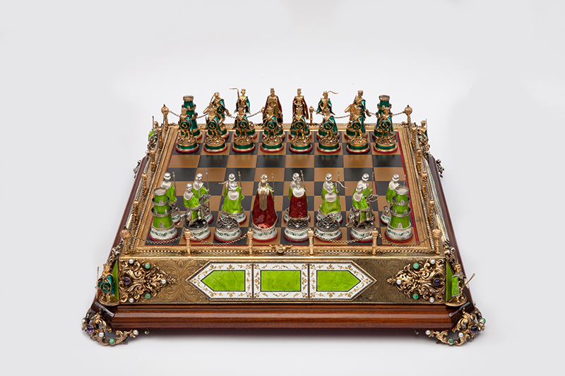 Silver and Copper Enamel Chess Set and Board