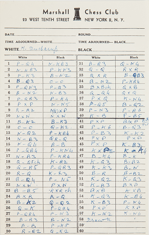 1961 Scoresheet, Marcel Duchamp vs. Jacqueline Piatigorsky 