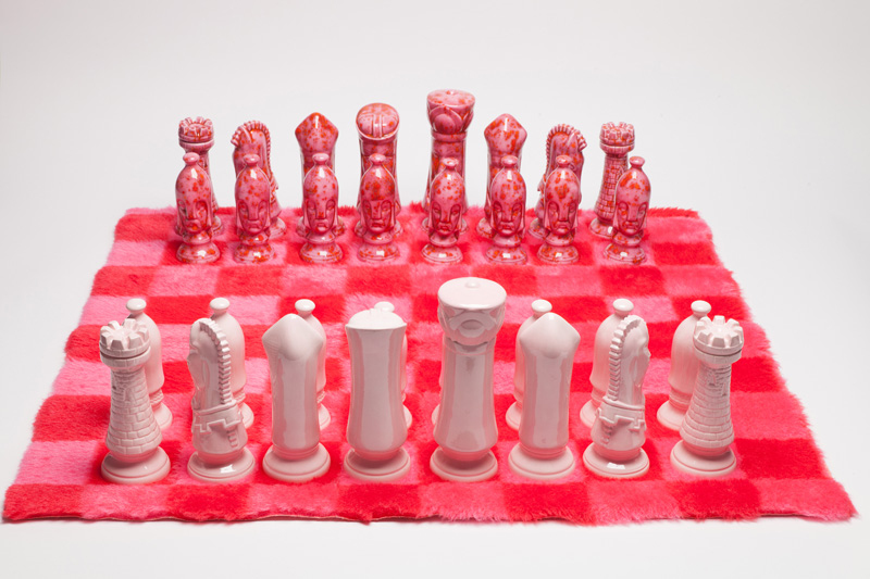 Ceramic Chess Set with Shag Rug Board