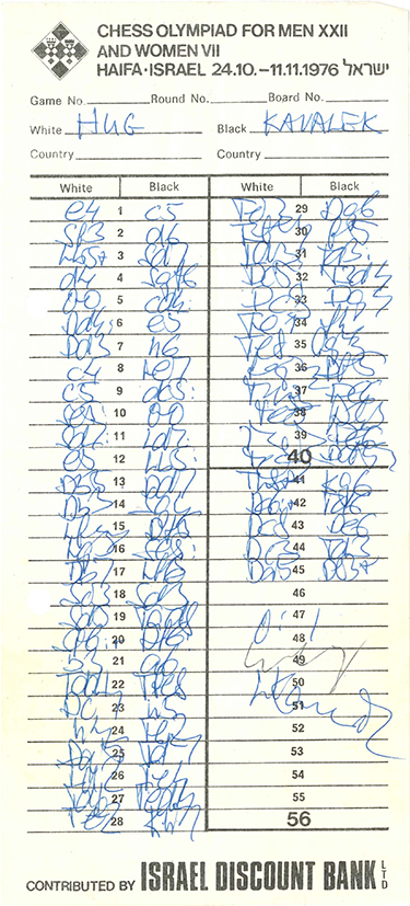 1976 Scoresheet Hug v. Kavalek