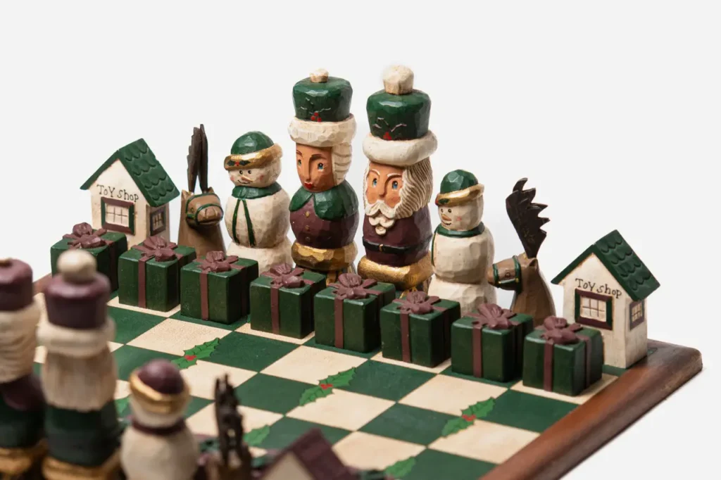 Philippines Christmas Chess Set Date unknown King size: 6 ½ in. Board: 17 ½ x 17 ½ in. Wood Collection of the World Chess Hall of Fame & Galleries Photo 4