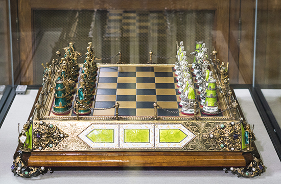 Hungary, Silver and Copper Enamel Chess Set and Board, Early 20th century Hungary, Silver and Copper Enamel Chess Set and Board, Early 20th century