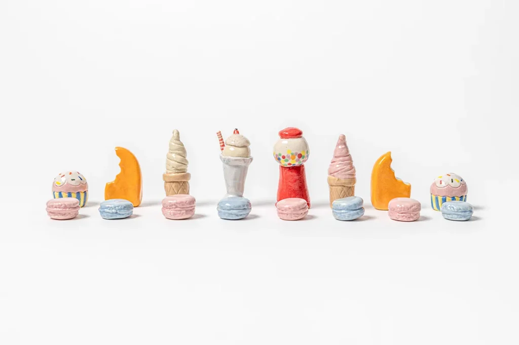 "You're Sweet" chess set by Brenda Corbett full set on display