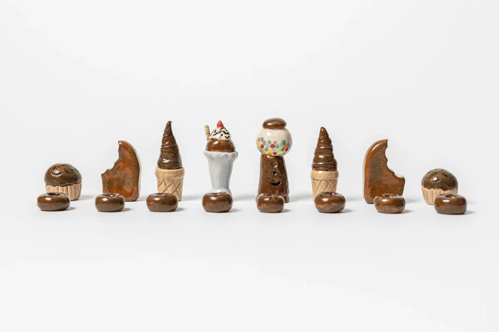Full Chocolate Side chess set on display .