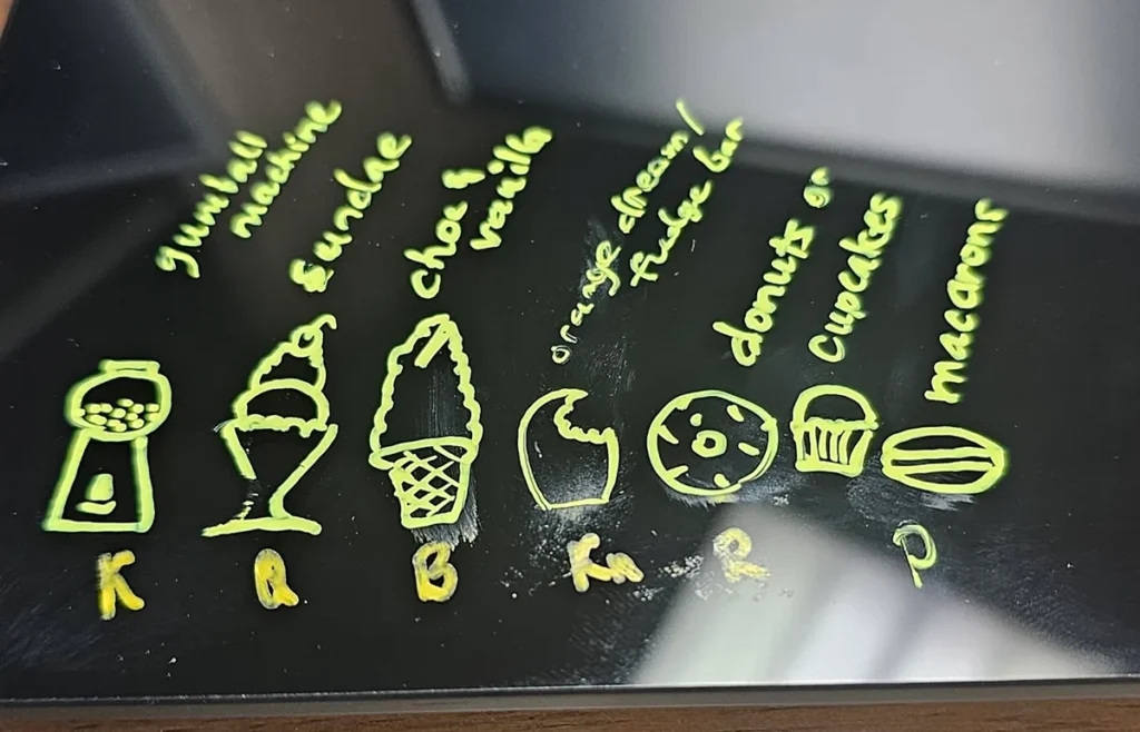 Planning chess design sketches on blackboard.