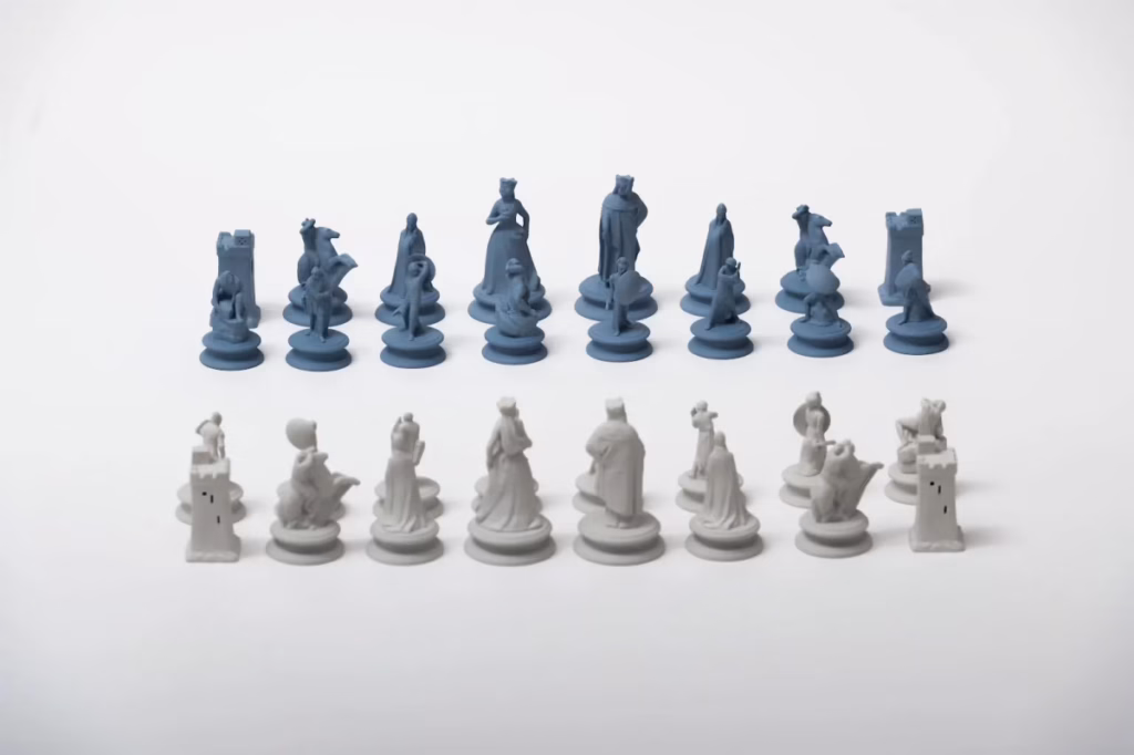 Blue and white Wedgwood Jasperware chess set inspired by William Shakespeare's play Macbeth.